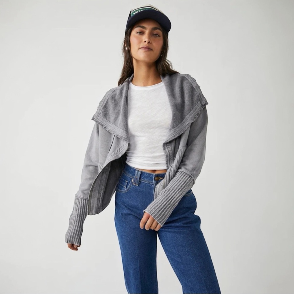Free People We The Free Hazel Zip Cardigan Metal Stiletto Gray Size L Boho